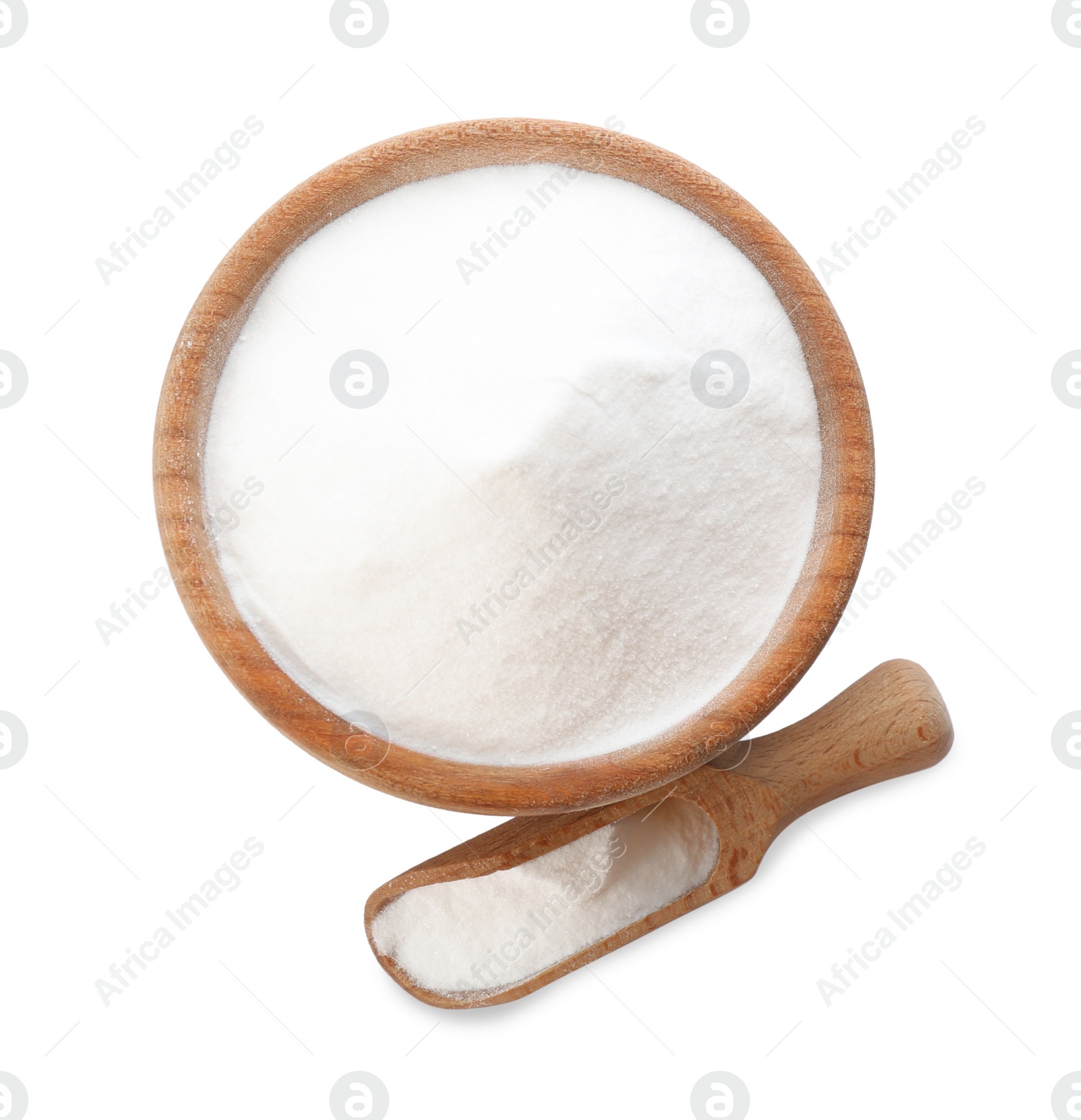 Photo of Baking soda in wooden bowl and scoop isolated on white, top view