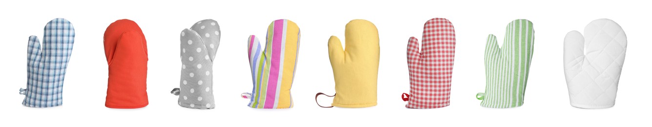 Image of Set with different oven gloves on white background. Banner design