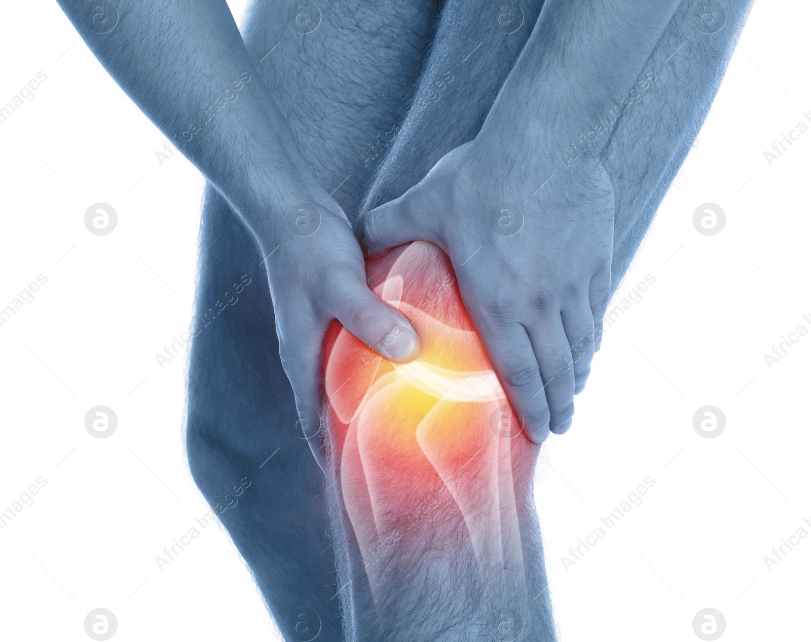 Image of Man suffering from knee pain on white background, closeup. Color tone effect