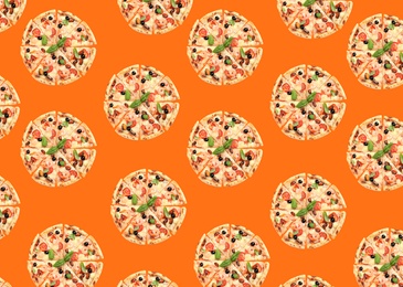 Image of Seafood pizza pattern design on orange background 