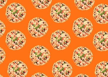 Seafood pizza pattern design on orange background 