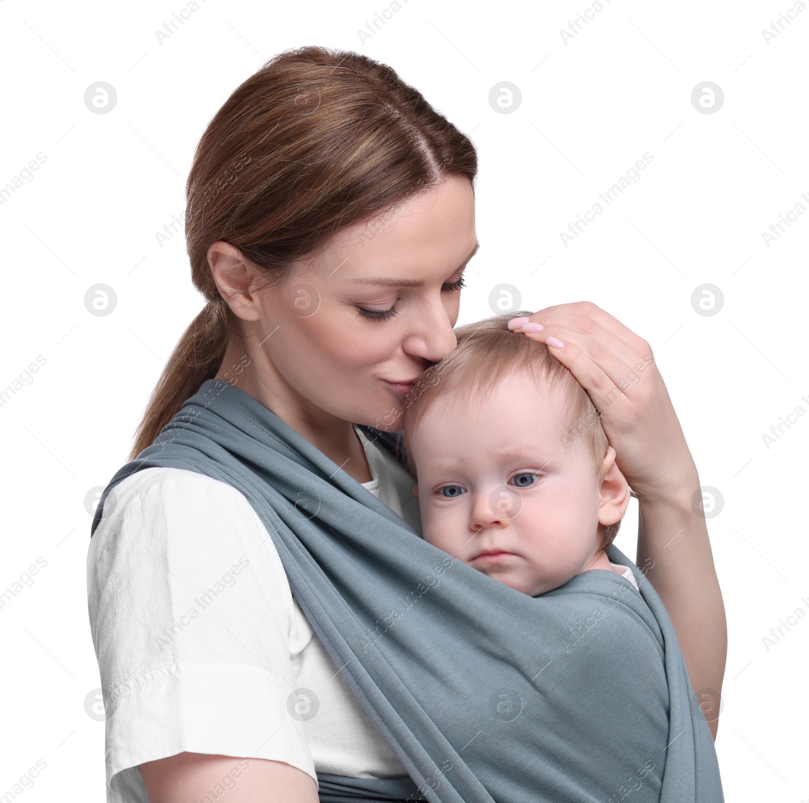 Photo of Mother holding her child in baby wrap on white background