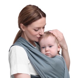 Mother holding her child in baby wrap on white background