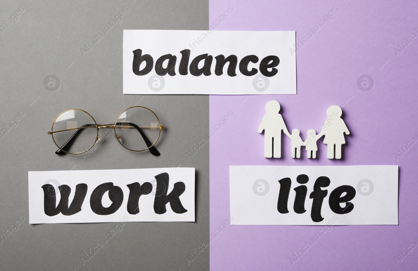 Photo of Family figures, eyeglasses and words Balance, Life, Work on color background, flat lay