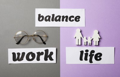 Photo of Family figures, eyeglasses and words Balance, Life, Work on color background, flat lay