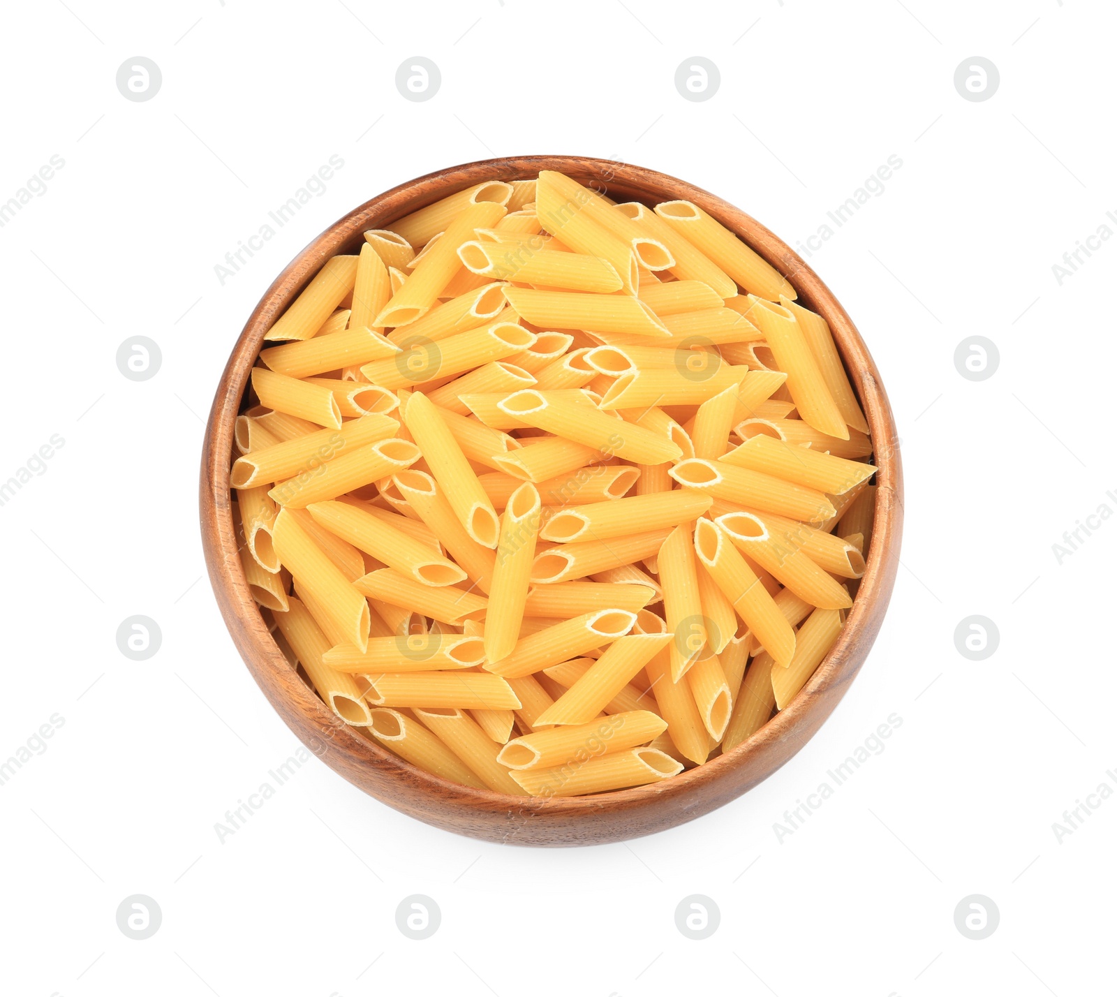 Photo of Raw penne pasta in bowl isolated on white, top view