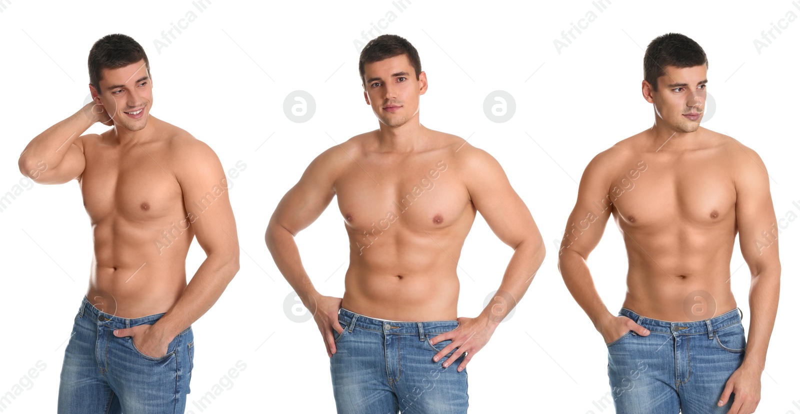 Image of Collage of man with sexy body on white background