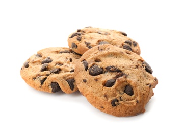 Tasty chocolate cookies on white background