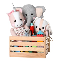 Wooden crate with different toys isolated on white