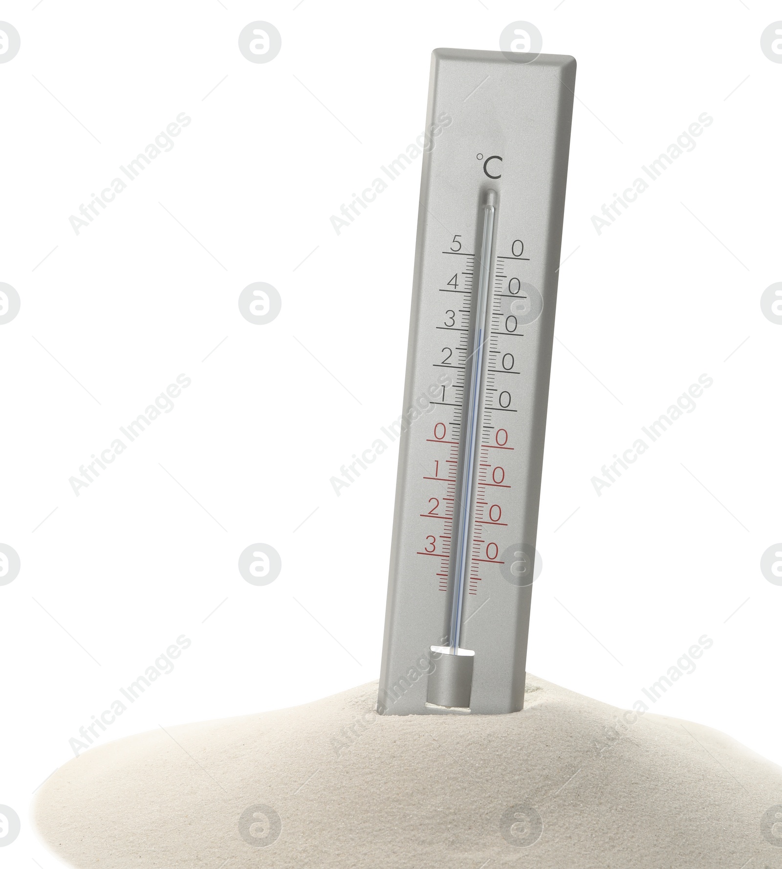 Photo of Weather thermometer in sand against white background