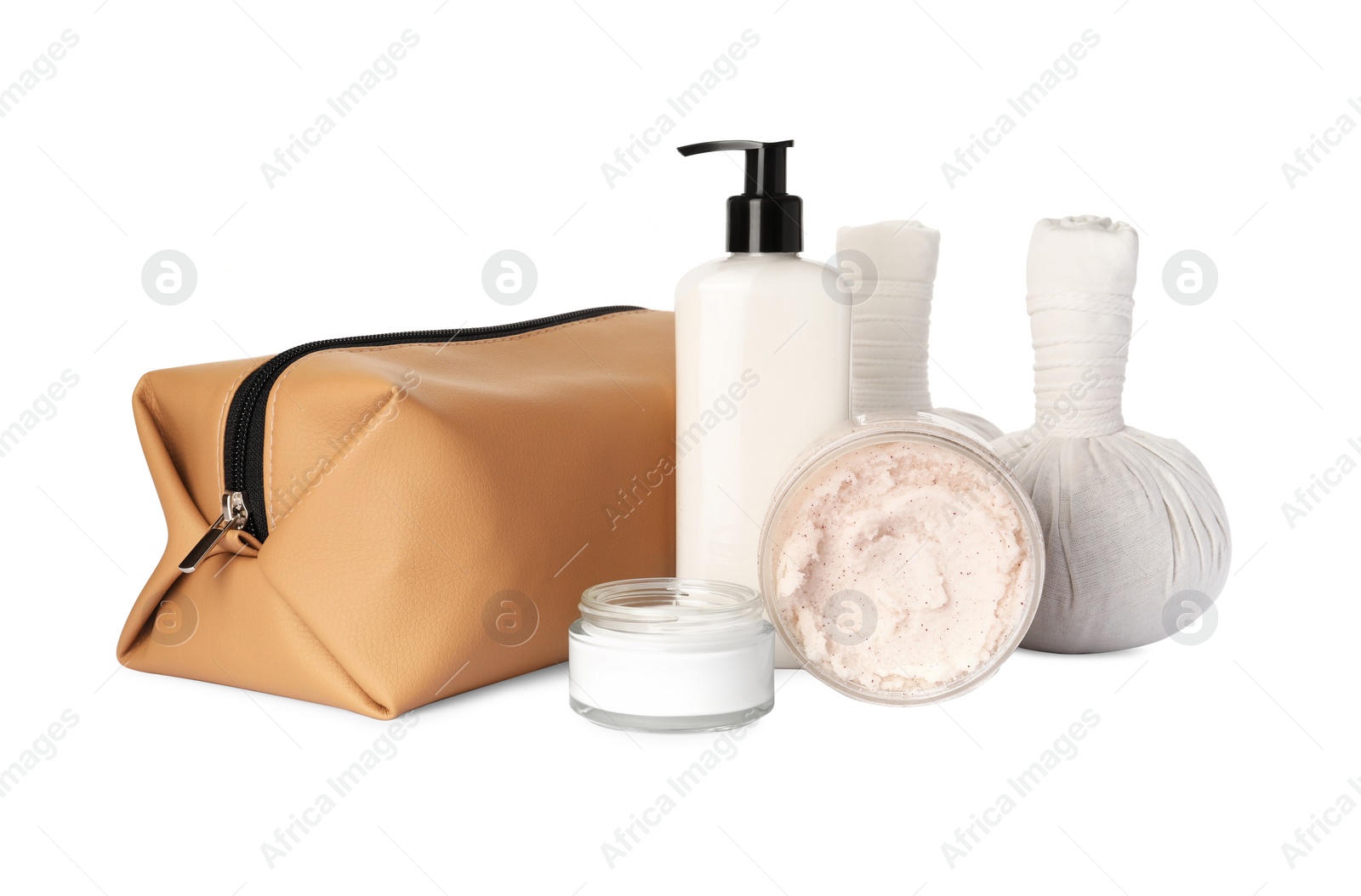 Photo of Preparation for spa. Compact toiletry bag and different cosmetic products isolated on white