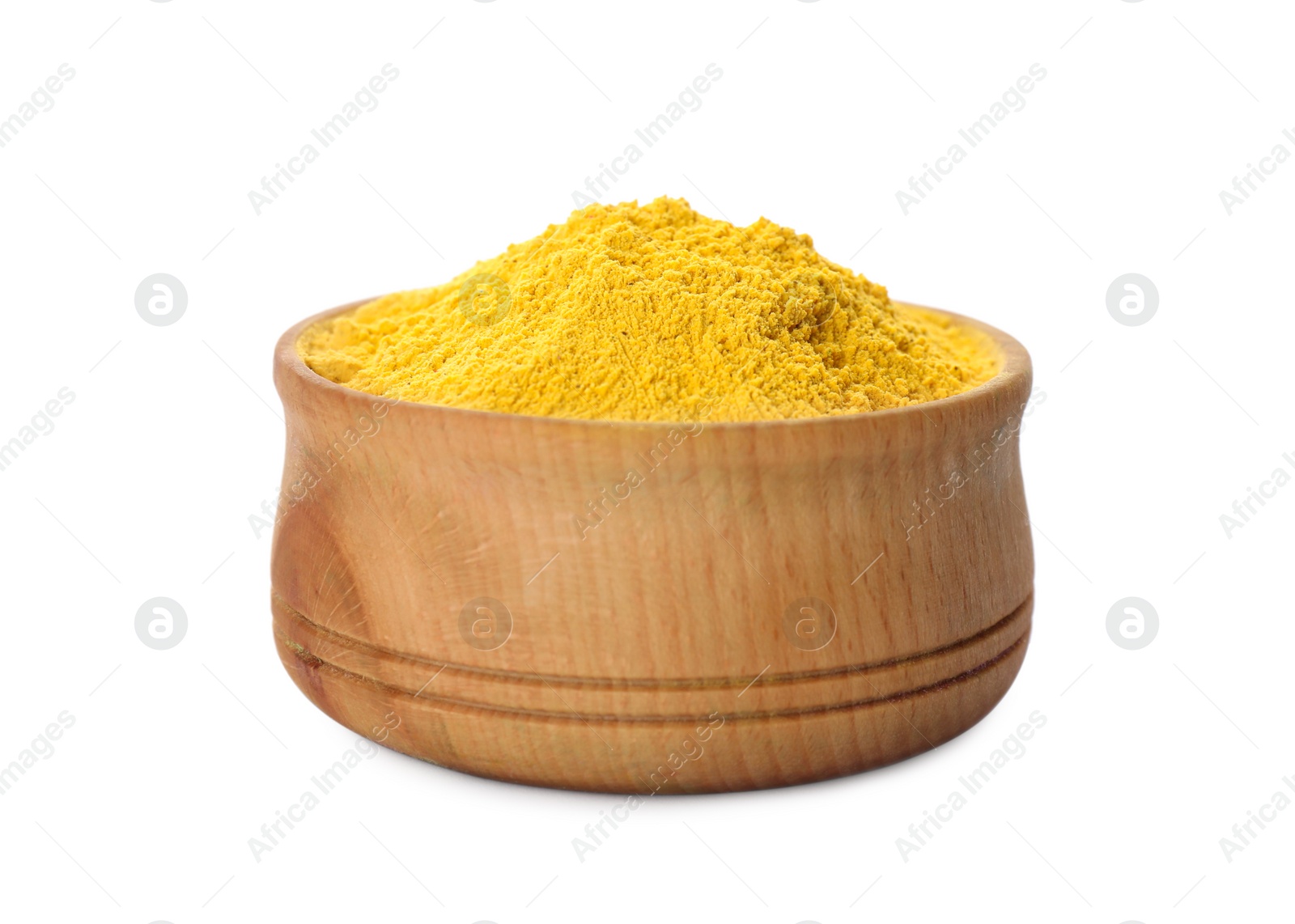 Photo of Yellow powder dye in bowl on white background. Holi festival