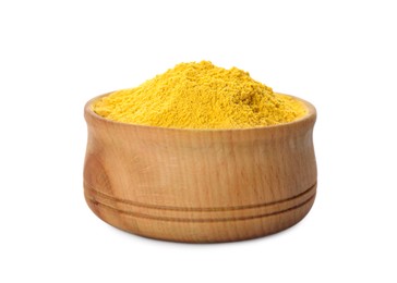 Photo of Yellow powder dye in bowl on white background. Holi festival