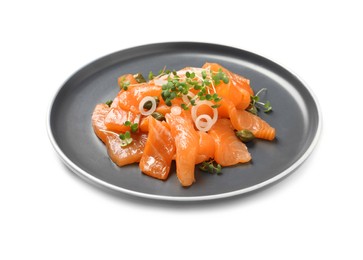 Salmon carpaccio with capers, onion and microgreens isolated on white