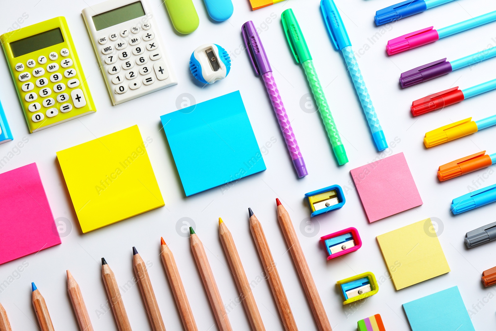 Photo of School stationery on white background, flat lay. Back to school