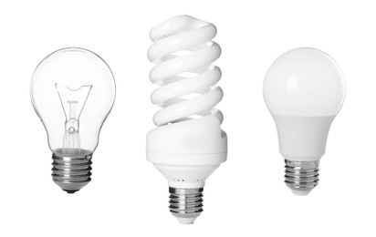 Image of Comparison of different light bulbs on white background, collage