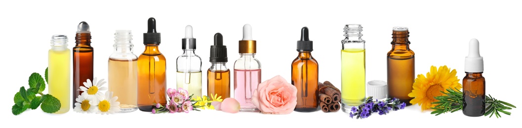 Image of Set of different essential oils used in aromatherapy on white background, banner design