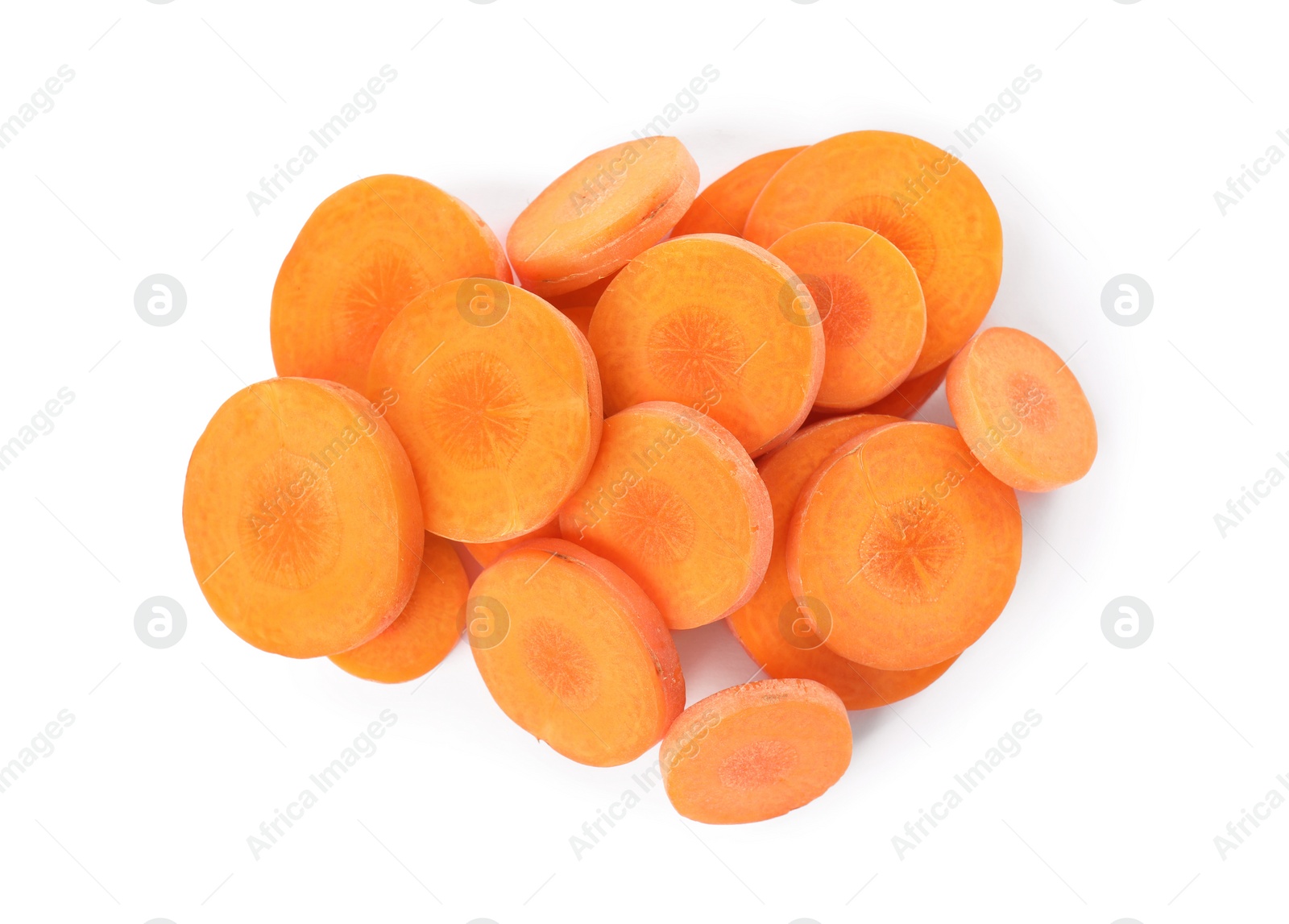 Photo of Slices of fresh ripe carrot isolated on white, top view