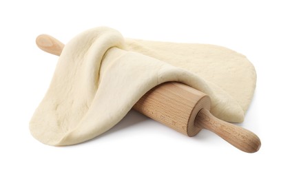 Photo of Raw dough and rolling pin isolated on white