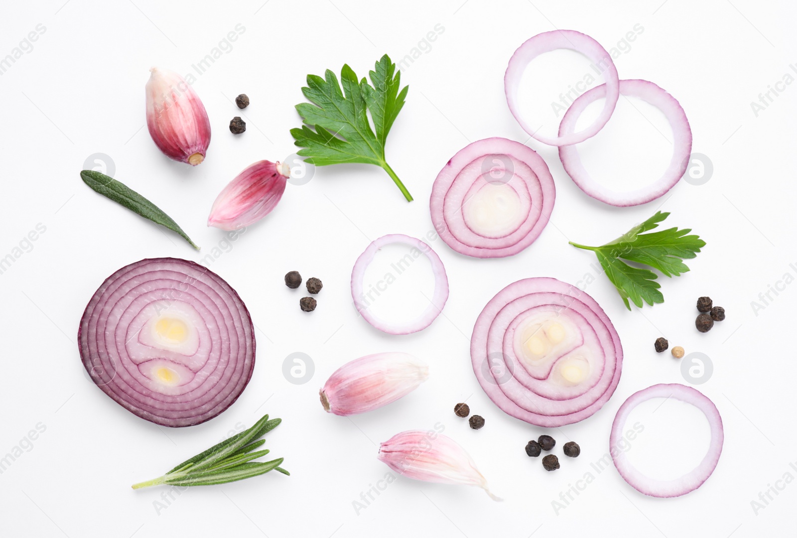 Photo of Flat lay composition with cut onion and spices on white background