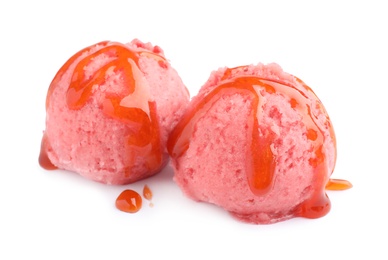 Photo of Scoops of delicious strawberry ice cream with syrup on white background