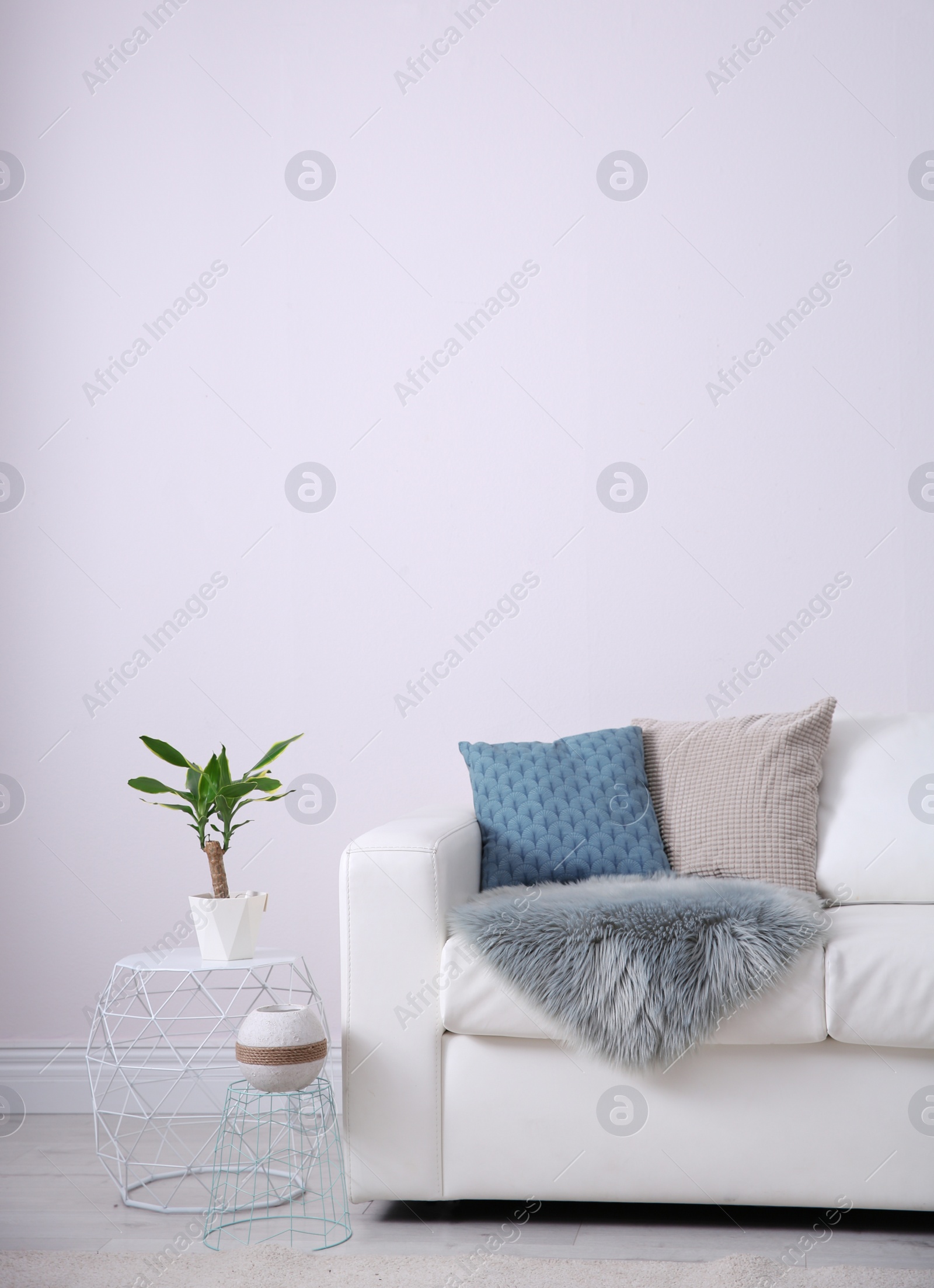 Photo of Modern living room interior with comfortable sofa. Space for text