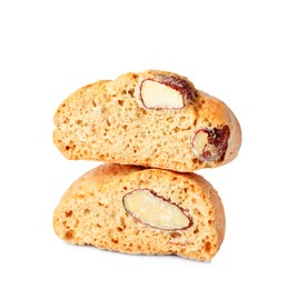 Slices of tasty cantucci on white background. Traditional Italian almond biscuits