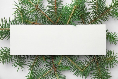 Blank card and branches of Christmas tree on white background, top view