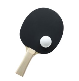 Photo of Ping pong racket and ball isolated on white, top view