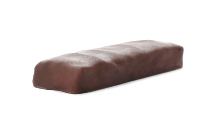 Photo of Tasty glazed protein bar on white background