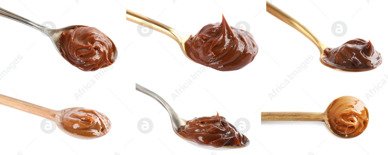 Image of Spoons with boiled condensed milk on white background, collage design