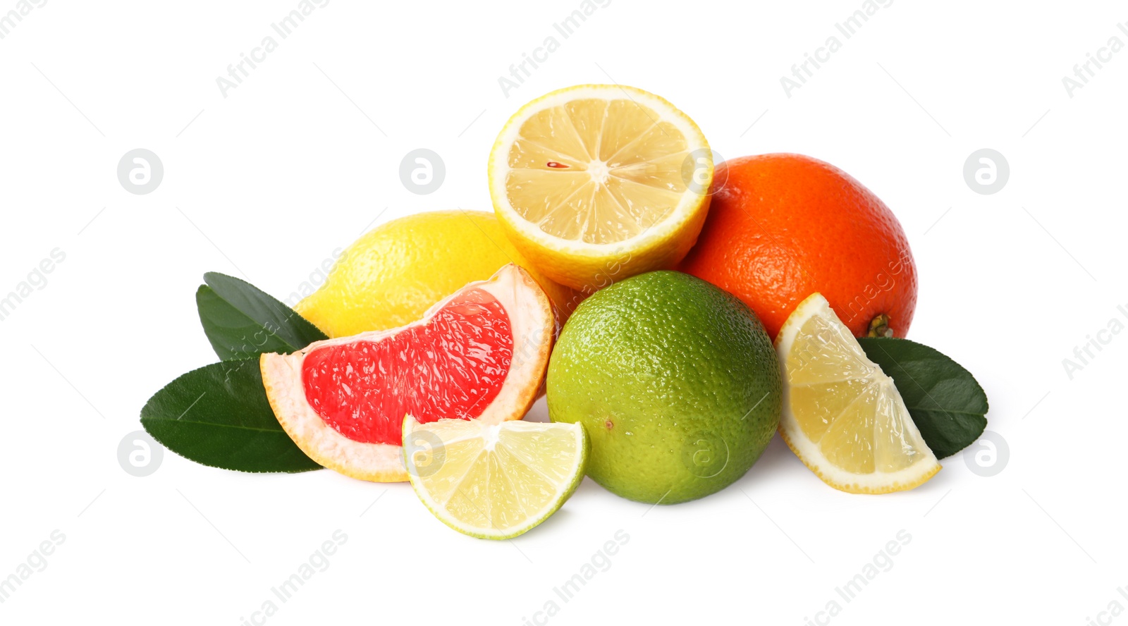 Photo of Fresh ripe citrus fruits and green leaves isolated on white