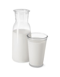 Photo of Carafe and glass of fresh milk isolated on white