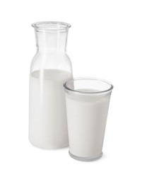 Carafe and glass of fresh milk isolated on white