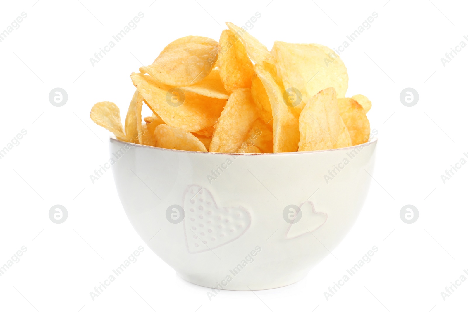 Photo of Bowl of tasty crispy potato chips on white background