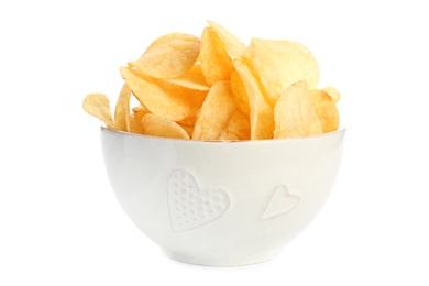 Bowl of tasty crispy potato chips on white background