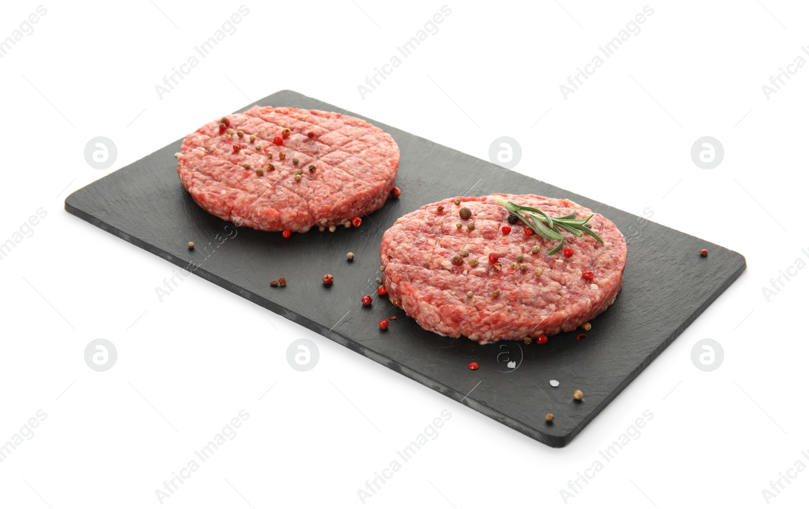 Photo of Raw hamburger patties with rosemary and spices on white background