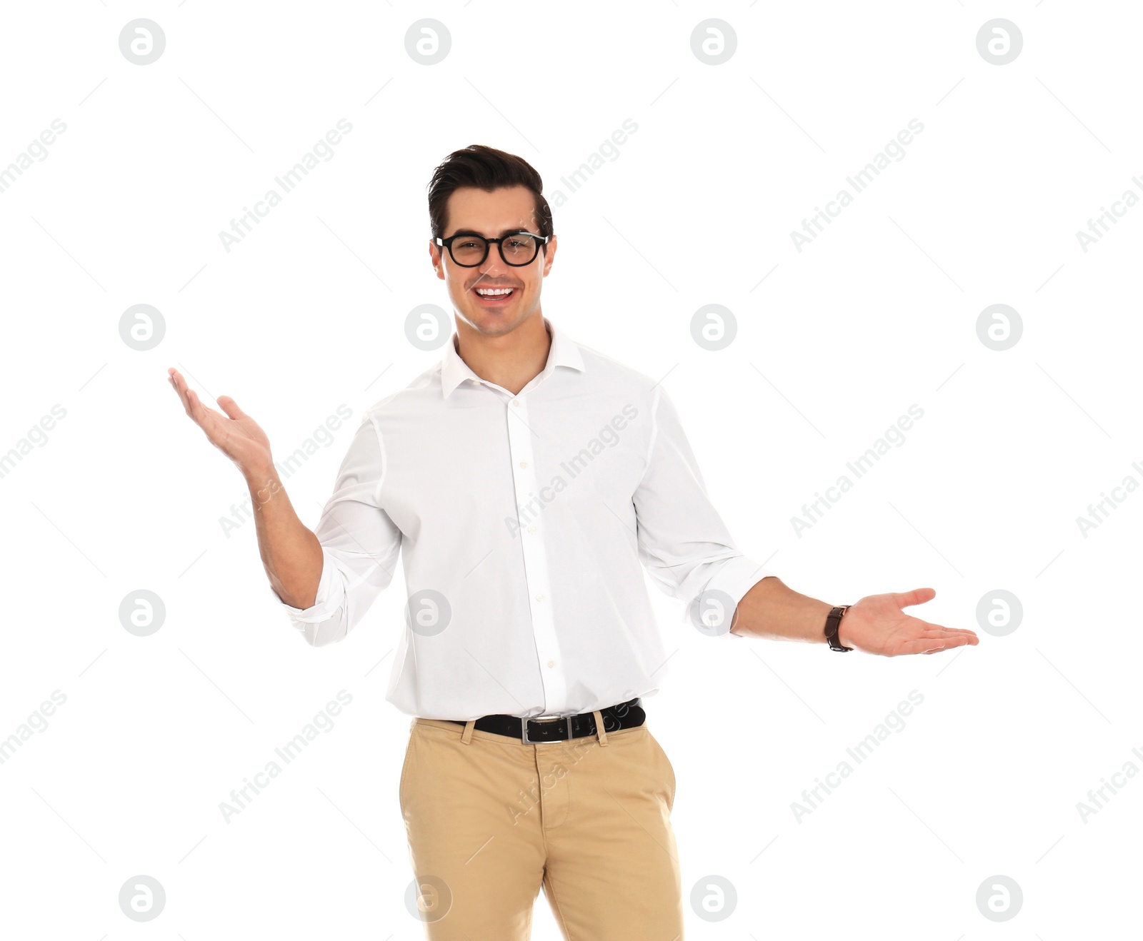 Photo of Professional business trainer pointing on something, white background