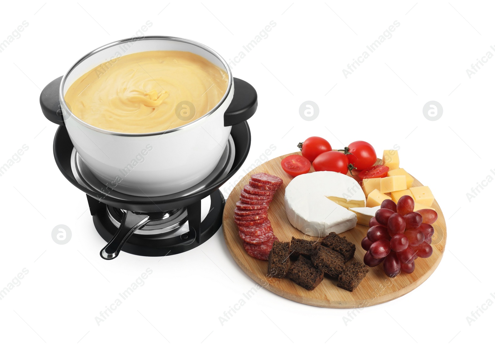 Photo of Fondue with tasty melted cheese and different snacks isolated on white