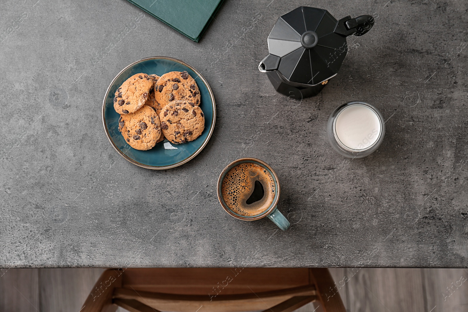 Photo of Flat lay composition with aromatic coffee, milk and cookies on table