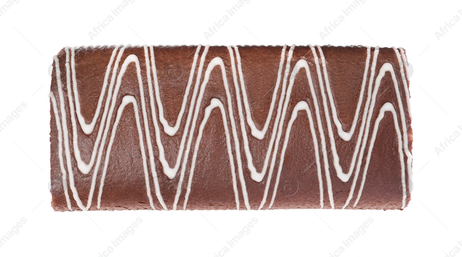 Photo of Tasty chocolate cake roll isolated on white, top view