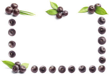 Image of Frame of fresh acai berries on white background