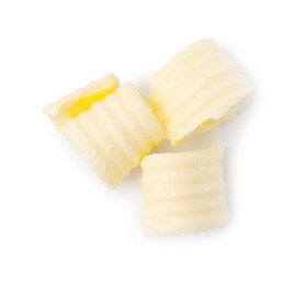 Photo of Fresh tasty butter curls isolated on white, top view