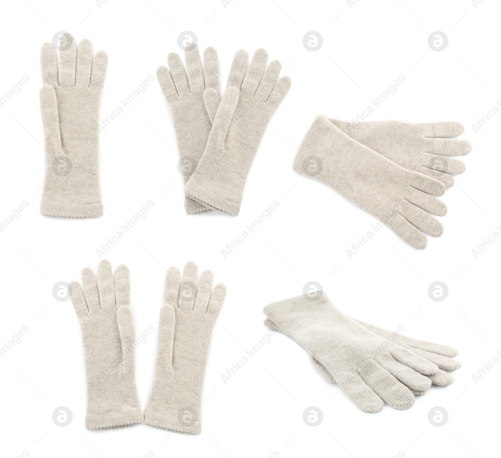 Image of Set of woolen gloves on white background