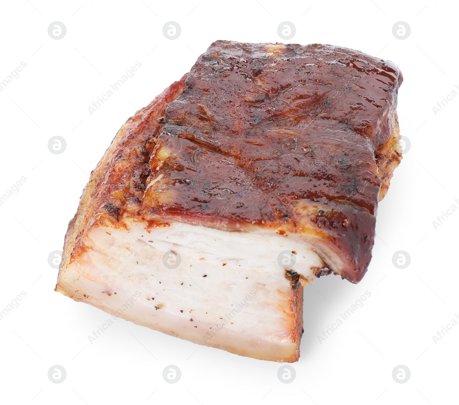 Photo of Piece of tasty baked pork belly isolated on white