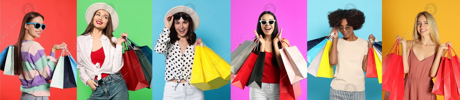 Image of Happy women with shopping bags on different color backgrounds, collage design