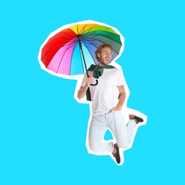 Pop art poster. Man with rainbow umbrella jumping on light blue background