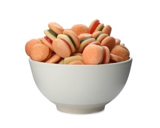 Photo of Bowl with jelly candies in shape of burger on white background