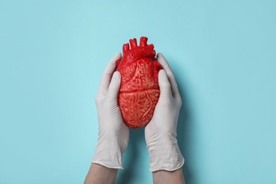 Photo of Doctor holding heart model on cyan background, top view