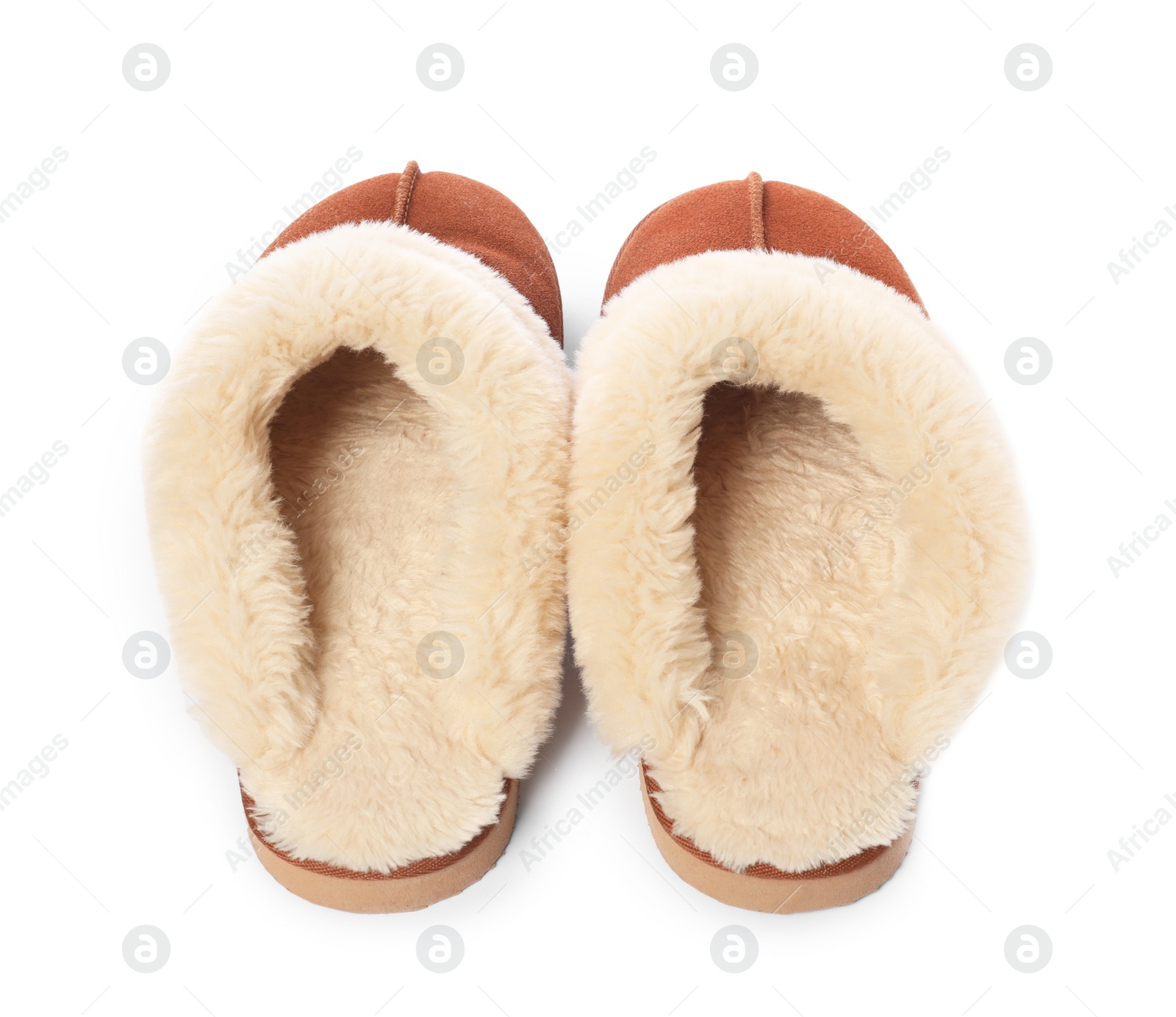 Photo of Pair of soft slippers with fur isolated on white